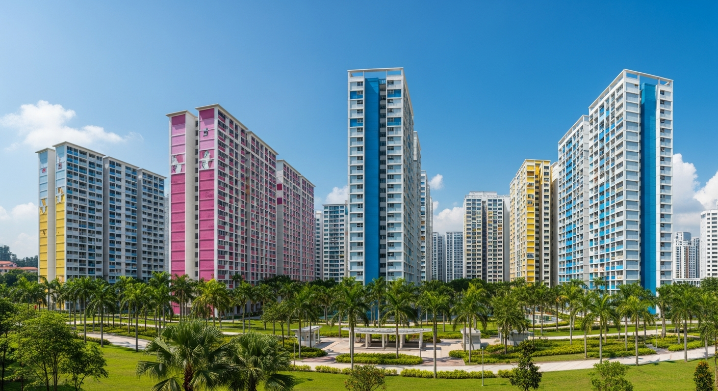 Aerial view of Singapore HDB housing estate showing public housing blocks surrounded by greenery